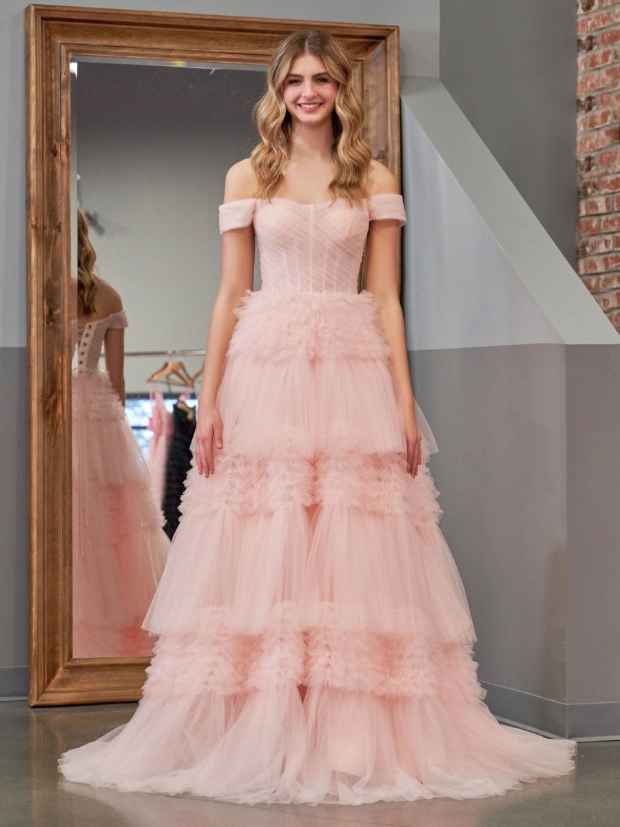 Zariah | Blush Princess A line Off Shoulder Ruffled Tulle Prom Dress - KissProm