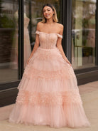 Zariah | Blush Princess A line Off Shoulder Ruffled Tulle Prom Dress - KissProm