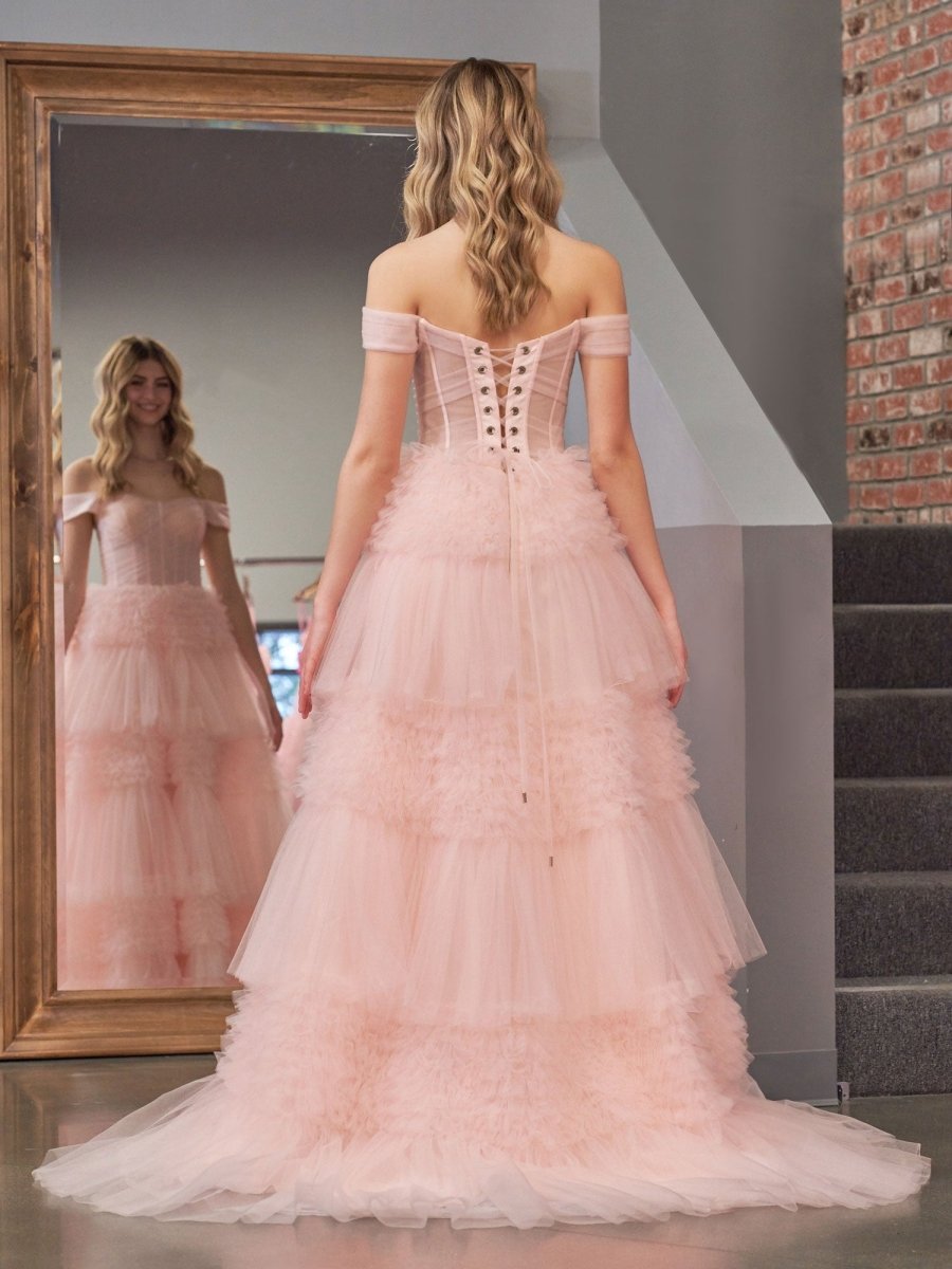 Zariah | Blush Princess A line Off Shoulder Ruffled Tulle Prom Dress - KissProm