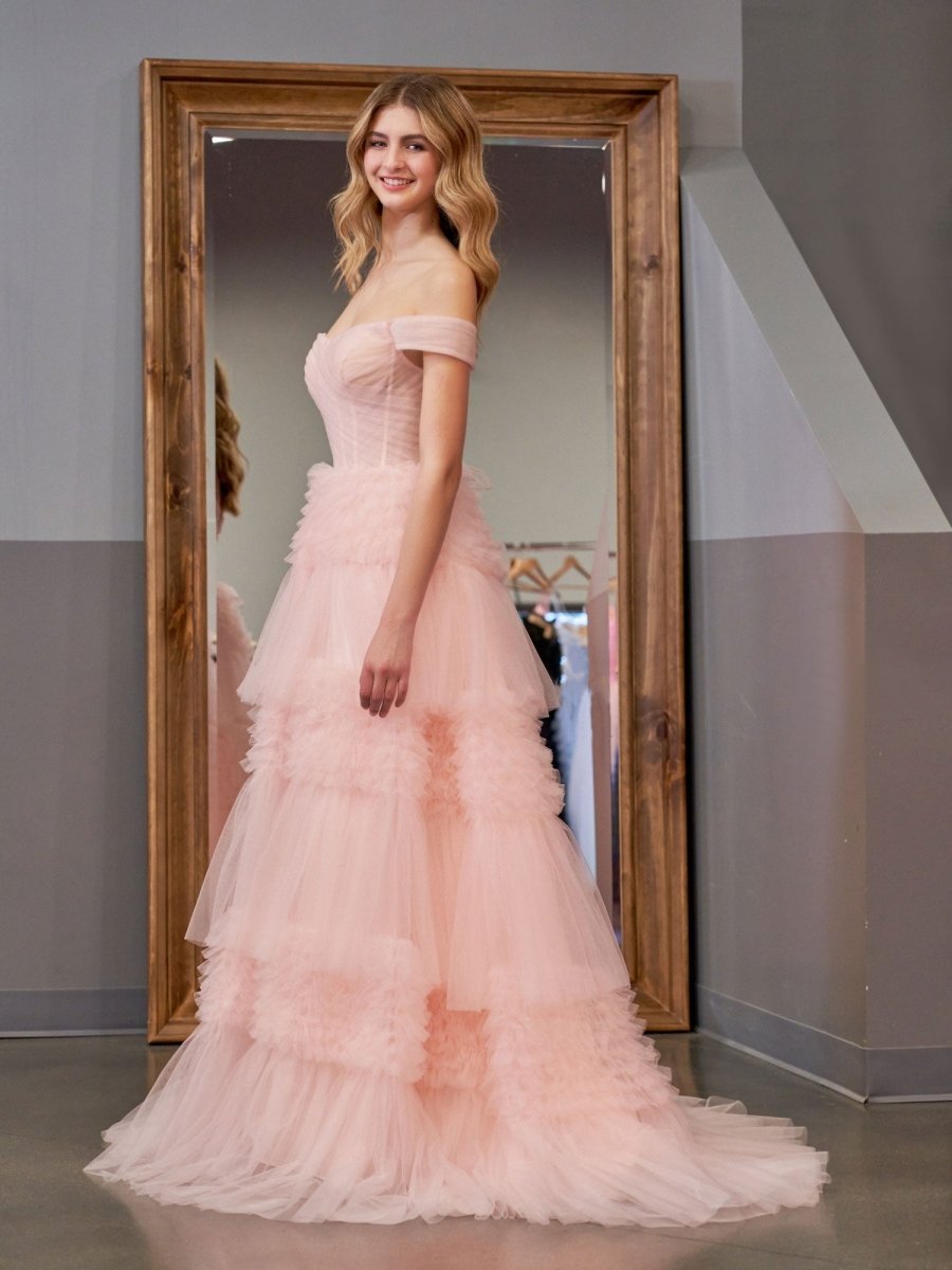 Zariah | Blush Princess A line Off Shoulder Ruffled Tulle Prom Dress - KissProm