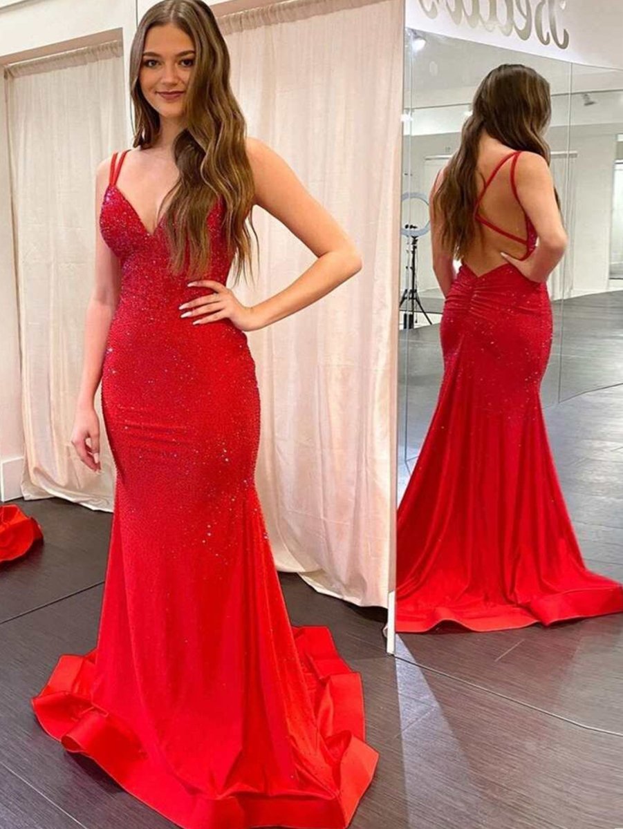 Marlee |Mermaid V Neck Beaded Jersey Prom Dress - KissProm