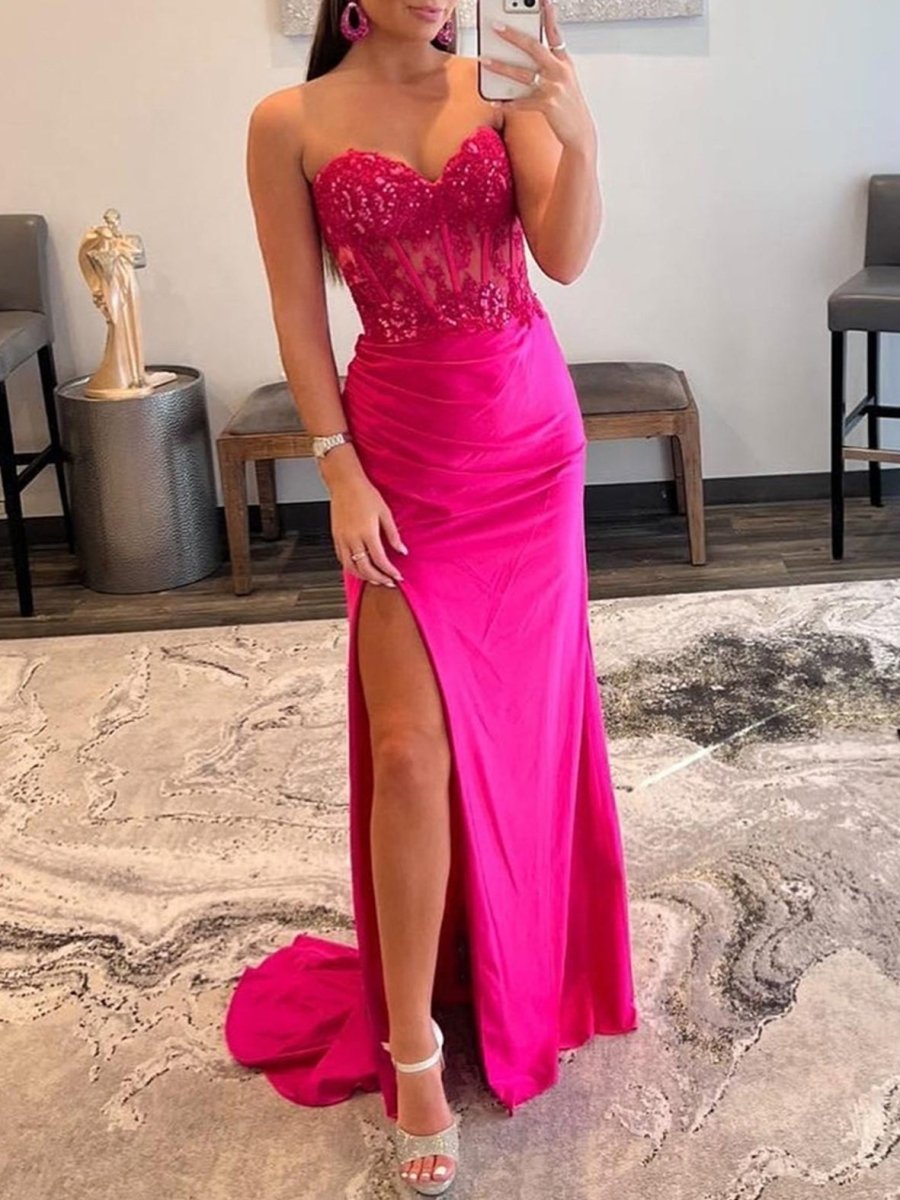 Ember |Sheath Strapless Sweetheart Long Prom Dress with Slit - KissProm