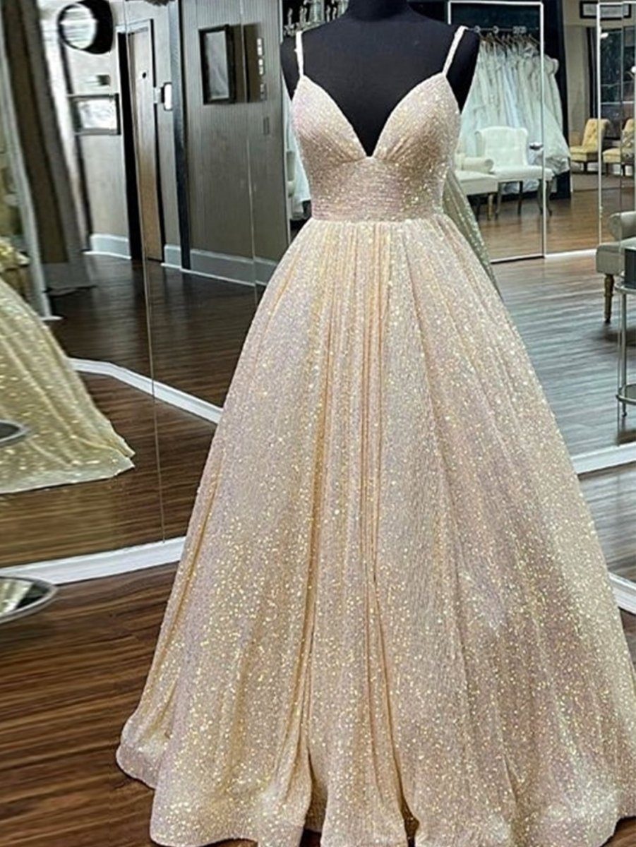 Hayden |A - line V Neck Sequins Long Prom Dress - KissProm