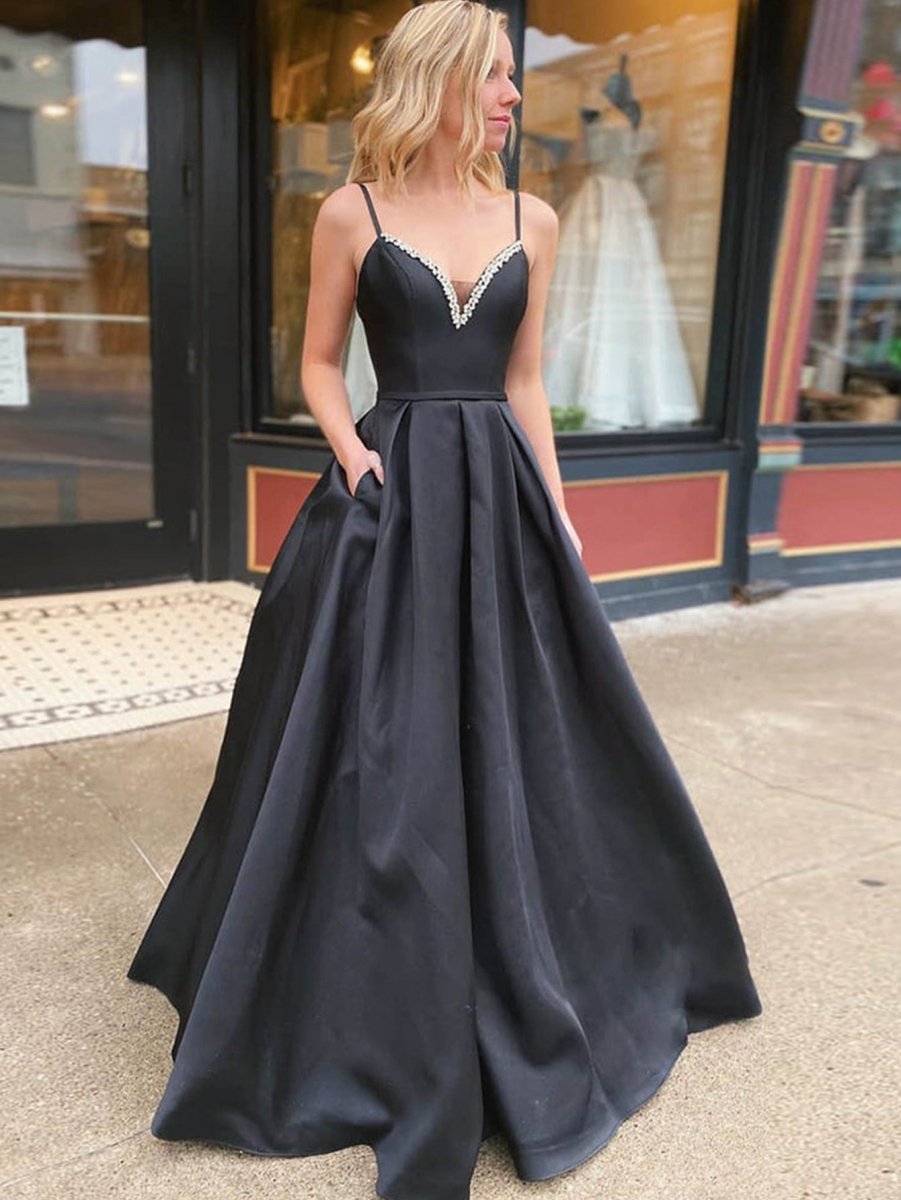 Leanna | A Line Black V Neck Long Prom Dress - KissProm