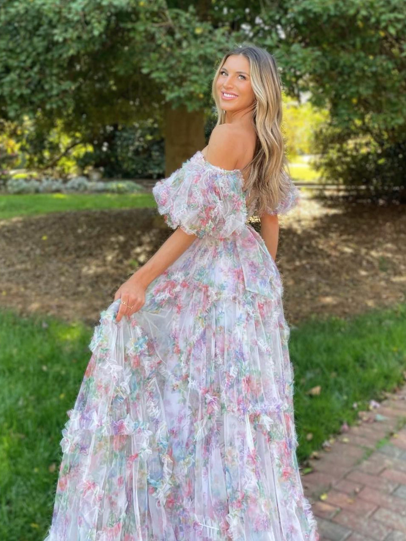 Sydney |A Line Sweetheart Printed Tulle Long Prom Dress