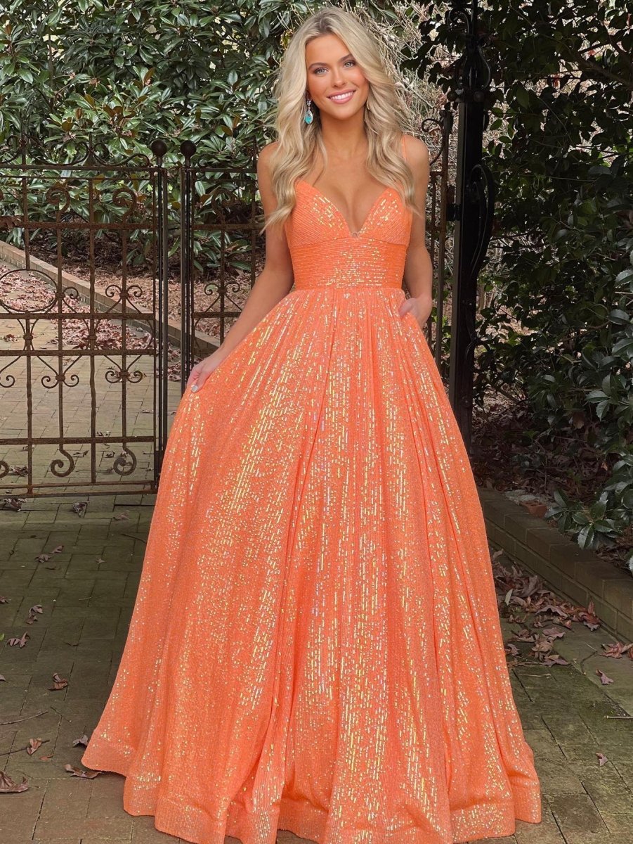 Hayden |A - line V Neck Sequins Long Prom Dress - KissProm