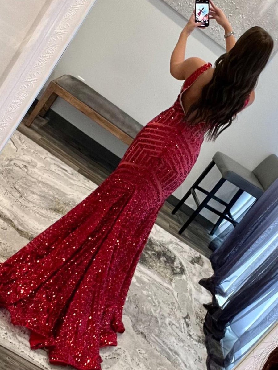 Nina |Deep V Neck Pink Sequins Mermaid Long Prom Dress - KissProm