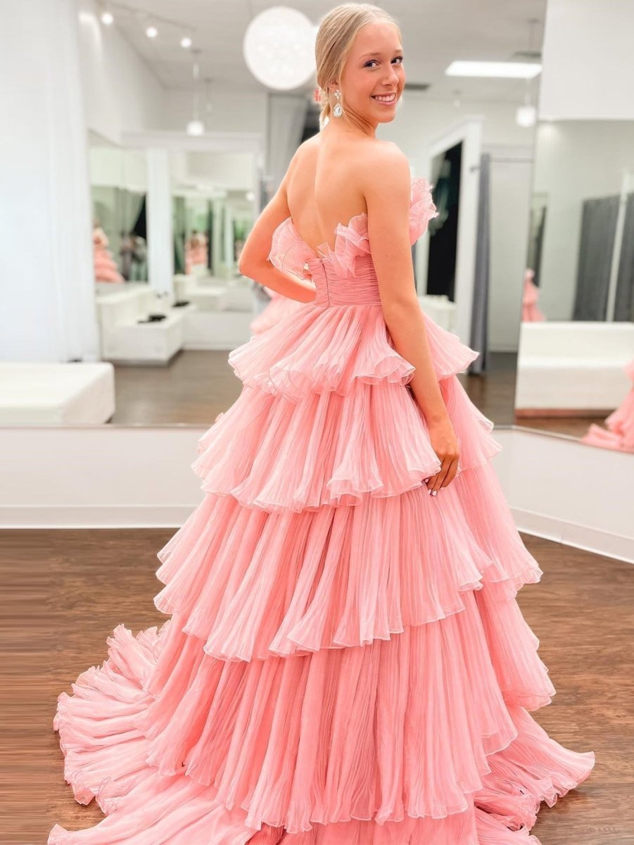 Vanessa |Strapless A - Line Tiered Crinkled Tulle Prom Dress - KissProm