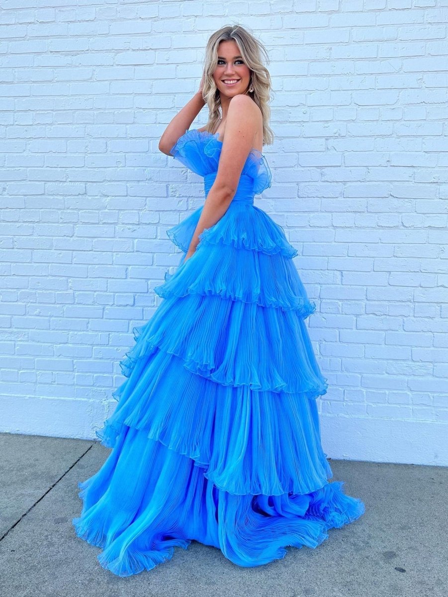 Vanessa |Strapless A - Line Tiered Crinkled Tulle Prom Dress - KissProm