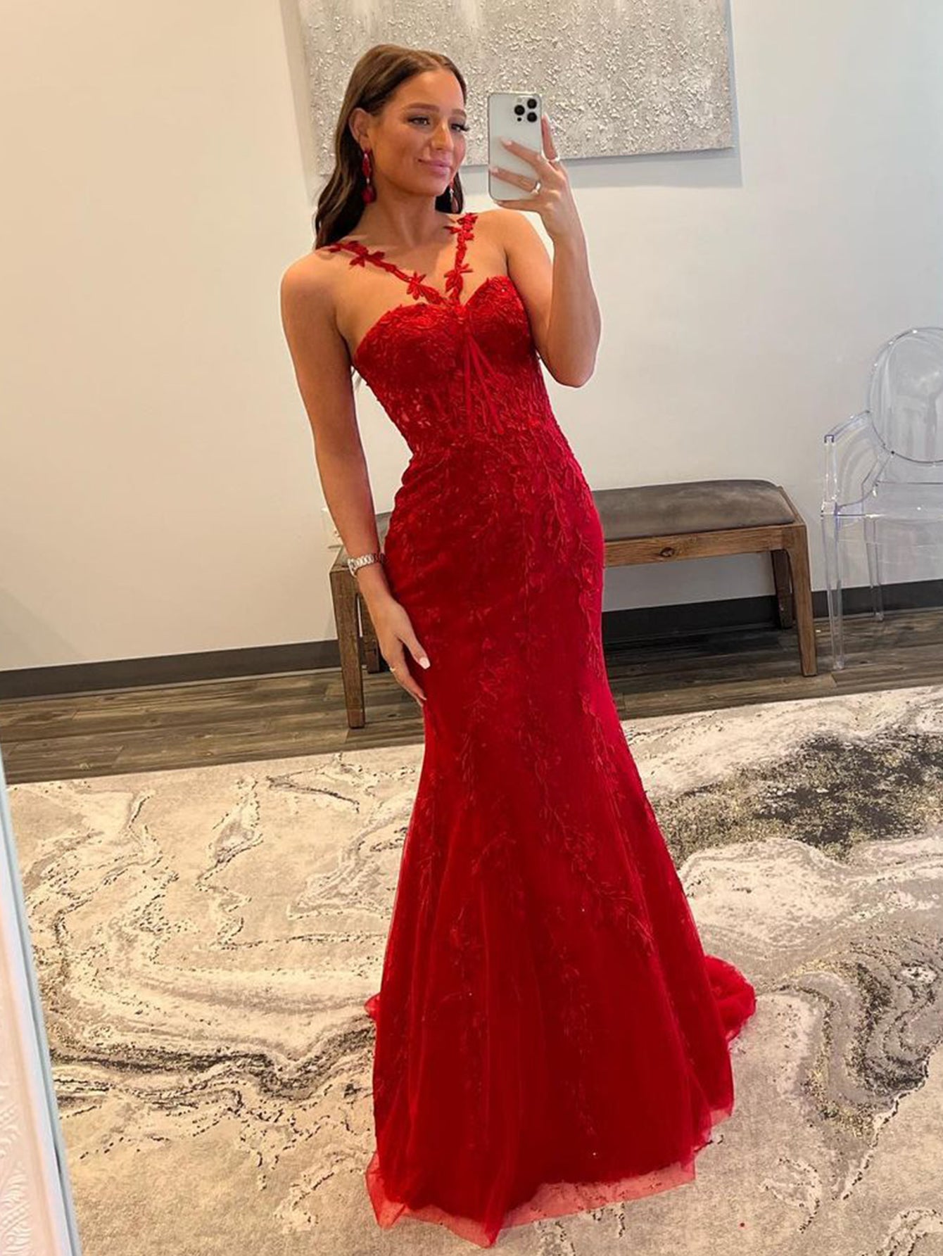 V Neck Mermaid Red Lace Short Prom Dresses, Mermaid Red Homecoming