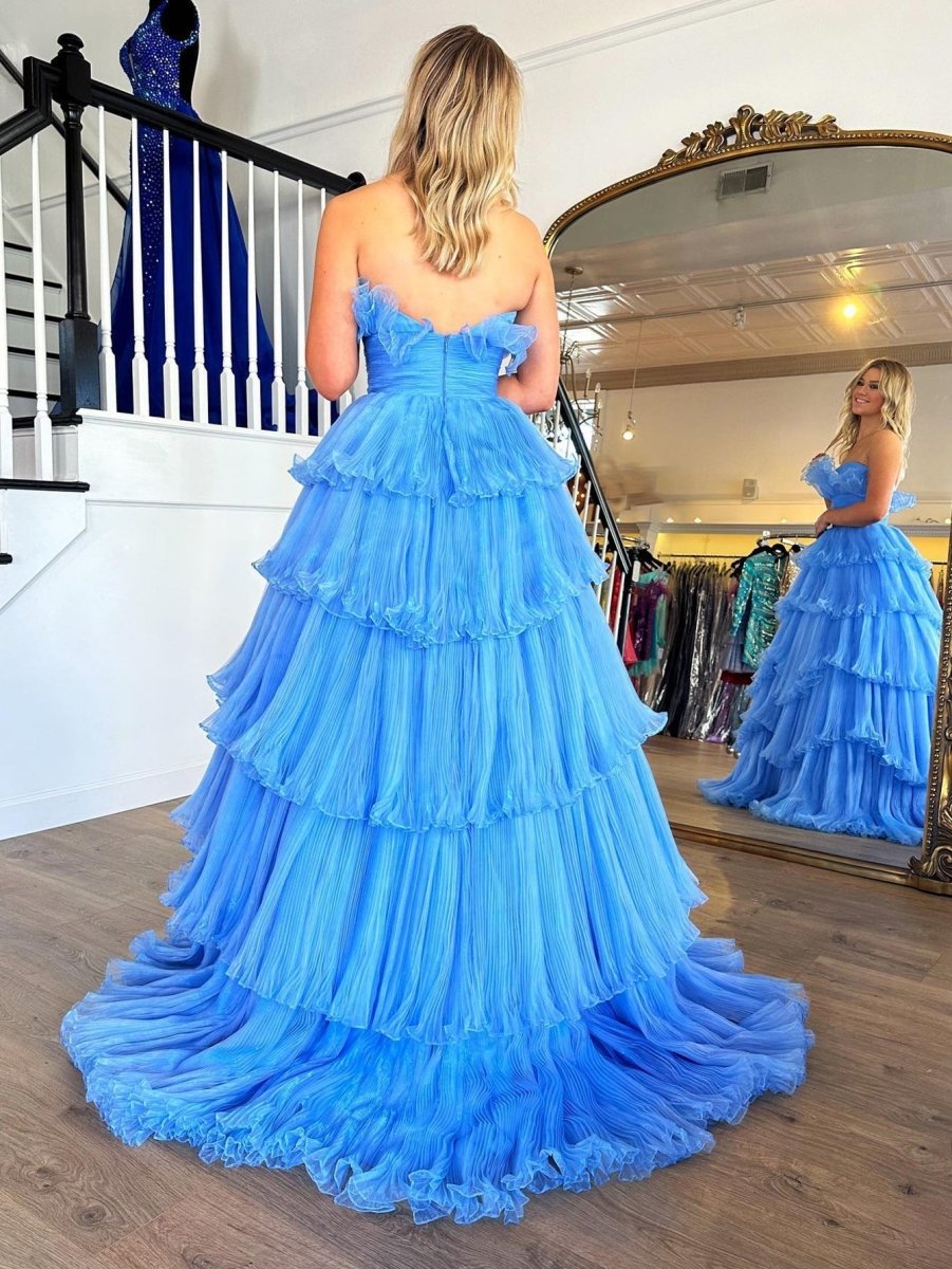 Vanessa |Strapless A - Line Tiered Crinkled Tulle Prom Dress - KissProm