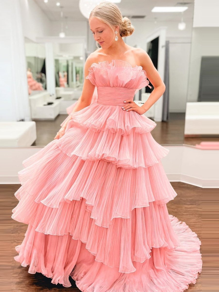 Vanessa |Strapless A - Line Tiered Crinkled Tulle Prom Dress - KissProm