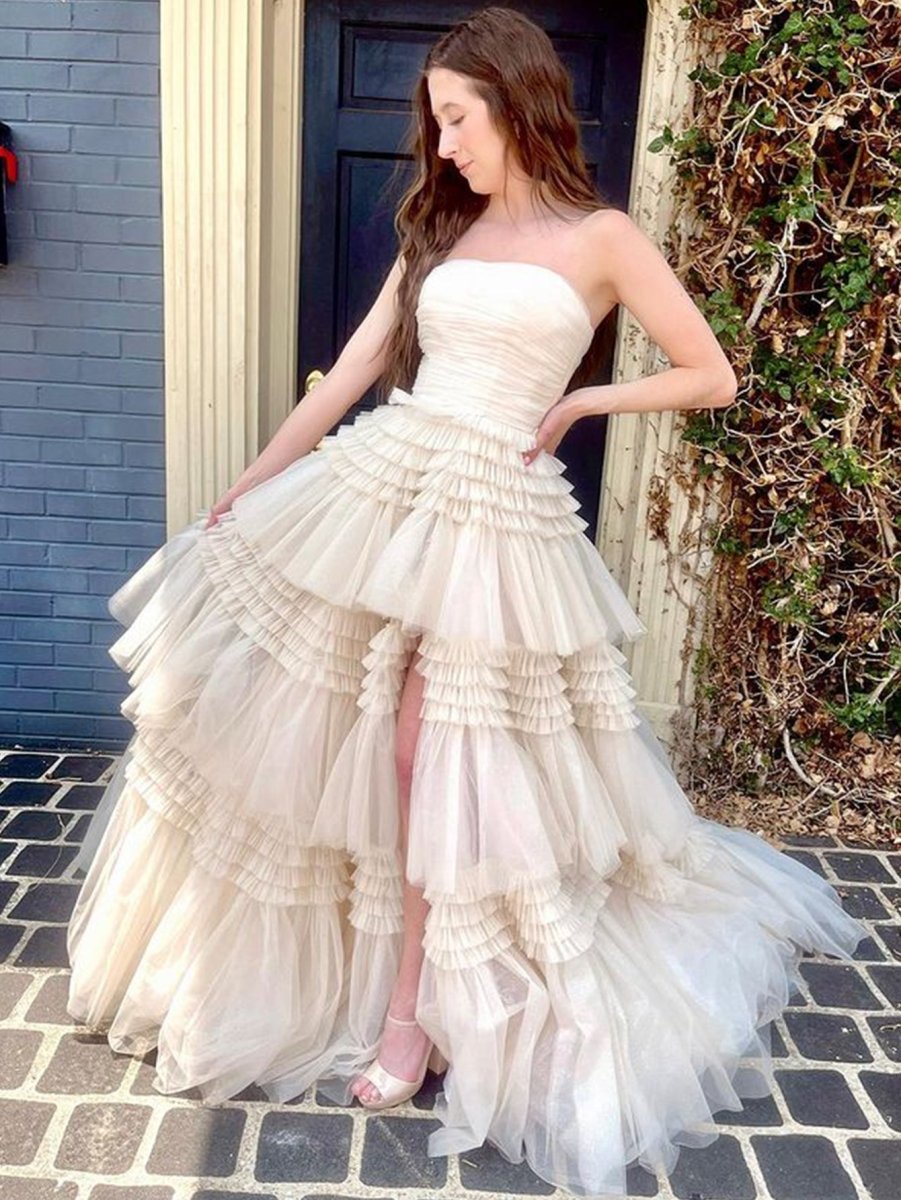 Daniela |A - Line Strapless Tulle Long Prom Dress with Tiered Ruffles - KissProm