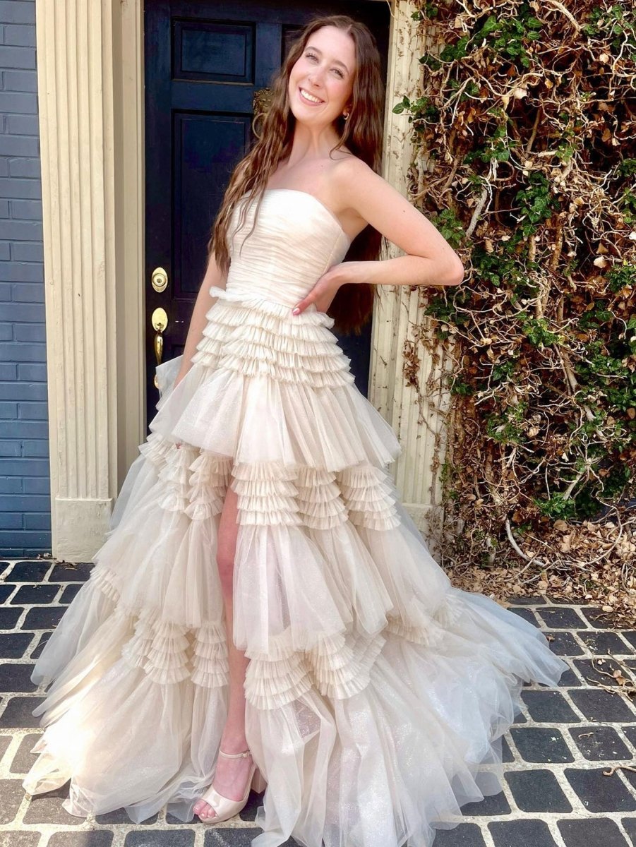 Daniela |A - Line Strapless Tulle Long Prom Dress with Tiered Ruffles - KissProm