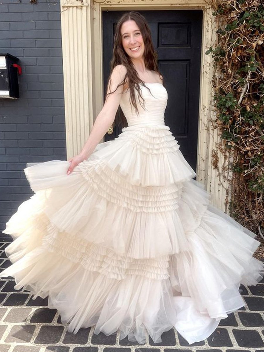 Daniela |A - Line Strapless Tulle Long Prom Dress with Tiered Ruffles - KissProm