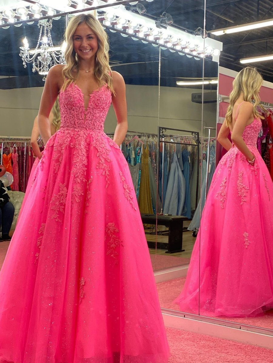 Angelina |V Neck Pink A Line Lace Long Prom Dress - KissProm