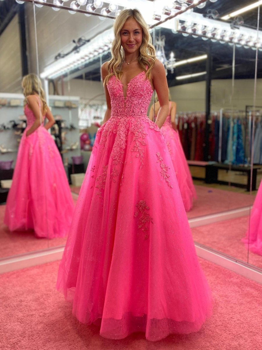 Angelina |V Neck Pink A Line Lace Long Prom Dress - KissProm