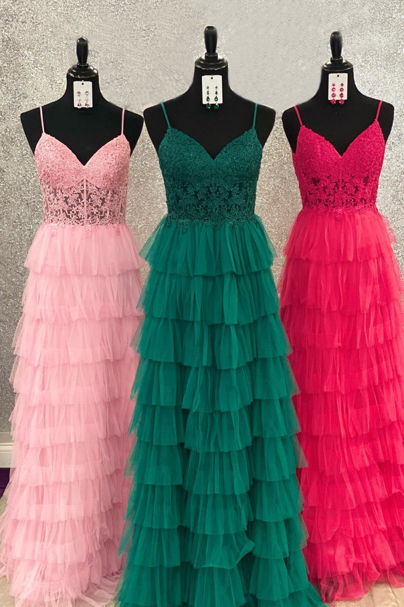 Aubree |Dark Green A - Line Tiered Tulle Long Prom Dress with Lace - KissProm