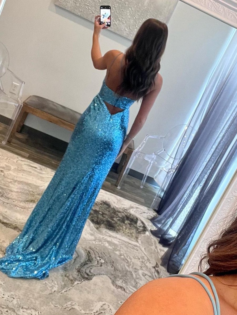 Mermaid V Neck Cutout Blue Long Prom Dress - KissProm