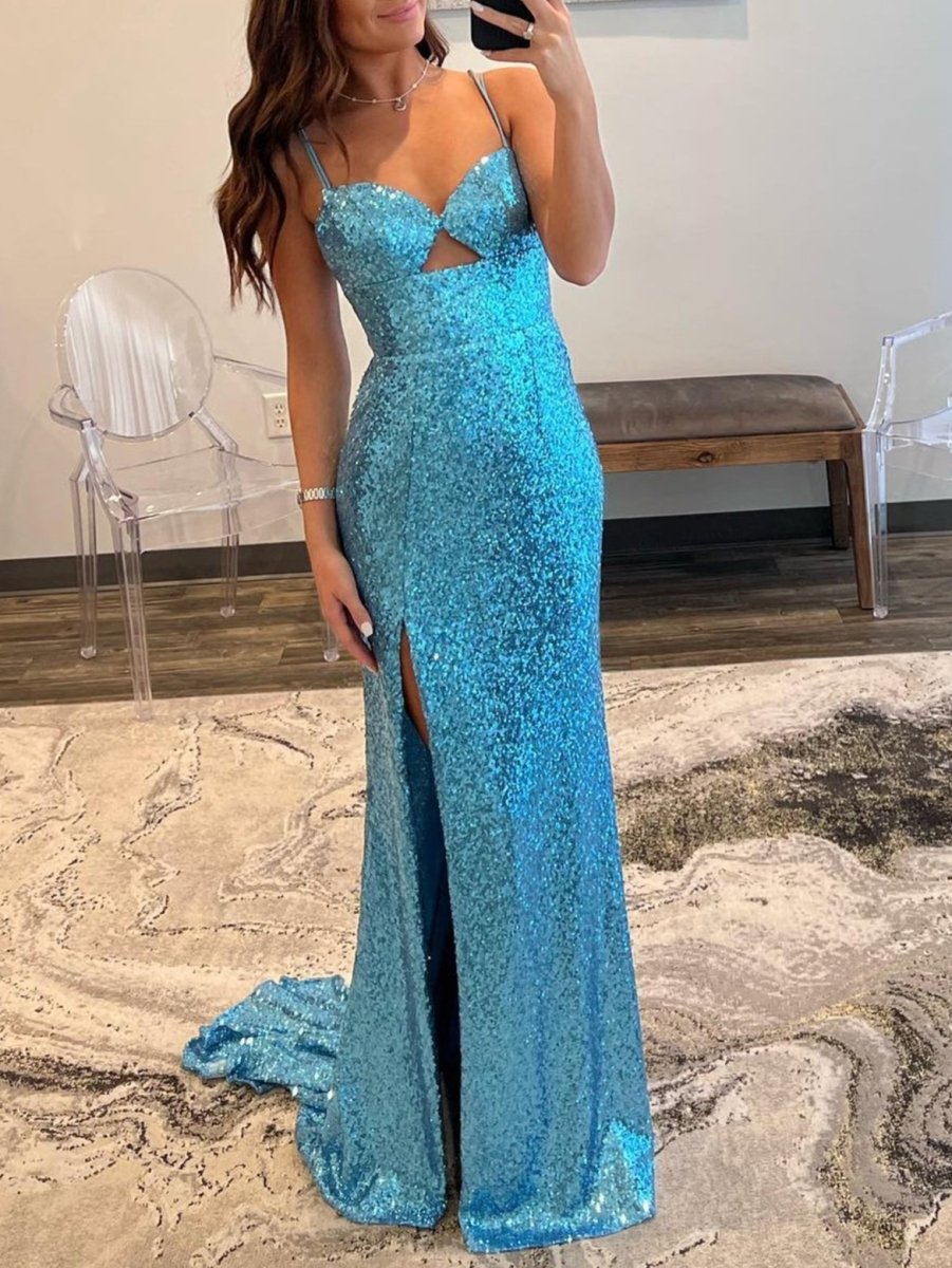 Mermaid V Neck Cutout Blue Long Prom Dress - KissProm