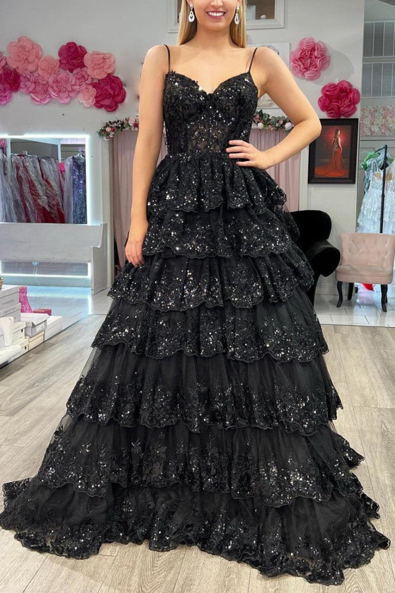 Maryam |A Line Spaghetti Straps Tiered Lace Prom Dress - KissProm