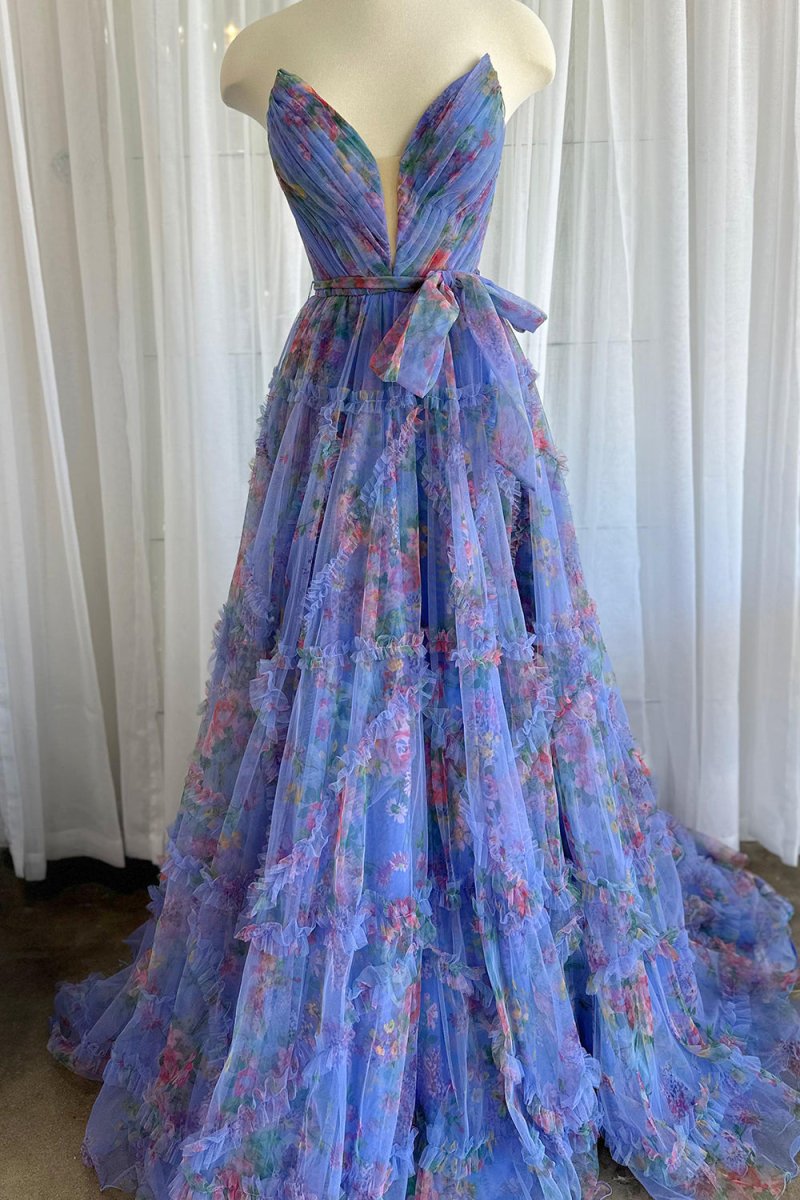 Izabella |A - Line Sweetheart Floral Printed Tulle Prom Dress with Slit - KissProm