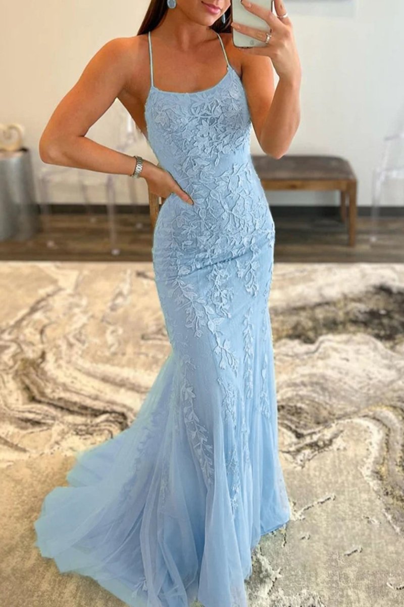 Lucille |Mermaid Spaghetti Straps Lace Prom Dress - KissProm