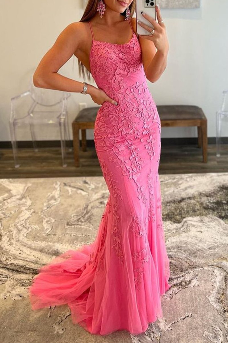 Lucille |Mermaid Spaghetti Straps Lace Prom Dress - KissProm