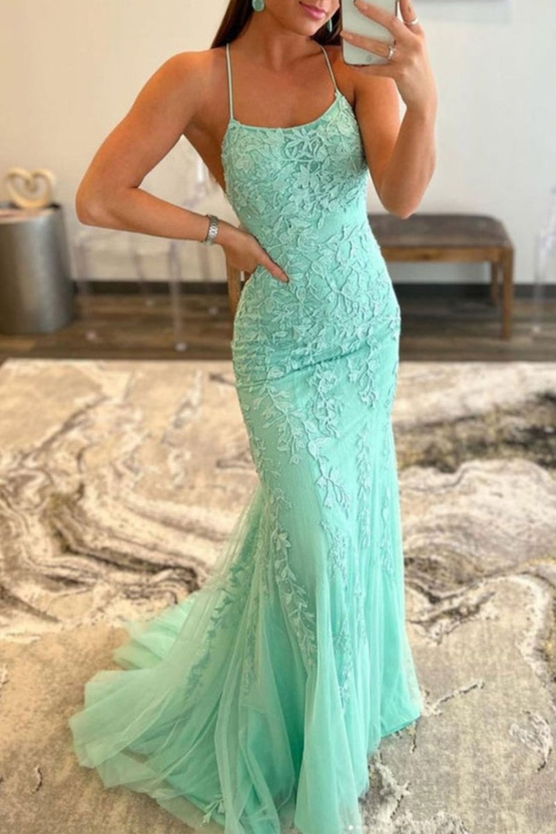 Lucille |Mermaid Spaghetti Straps Lace Prom Dress - KissProm