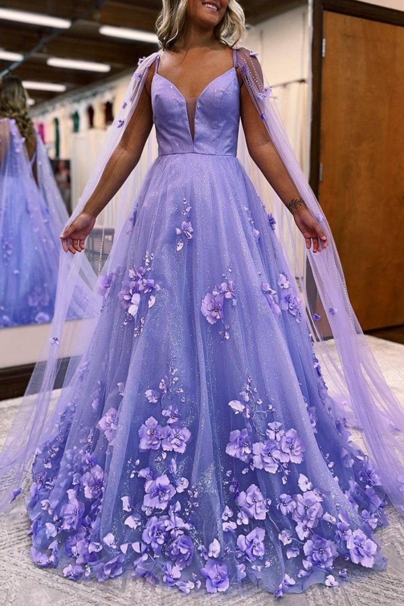 Lavender 3D Floral Lace A - Line Prom Dress with Cape Sleeves - KissProm