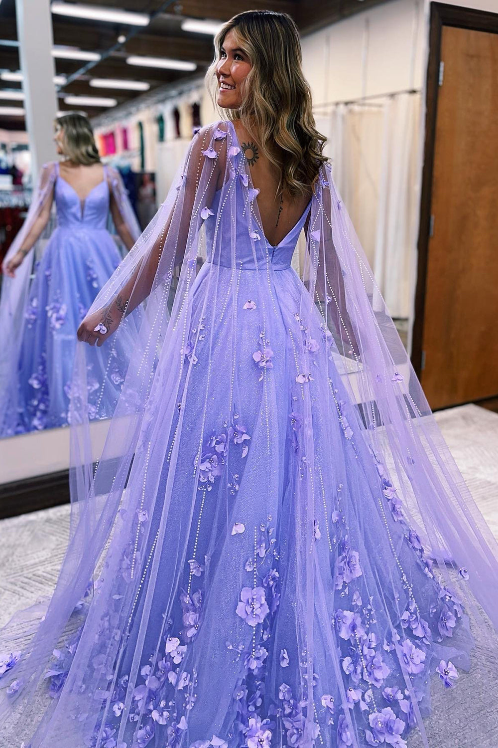 A Line V Neck Lilac Lace Long Prom Dresses, A Line V Neck Purple