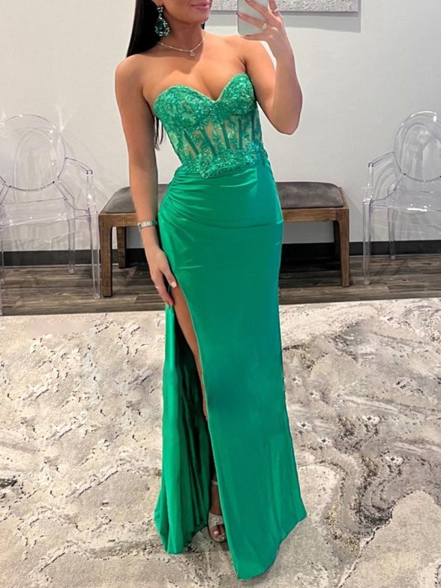 Ember |Sheath Strapless Sweetheart Long Prom Dress with Slit - KissProm