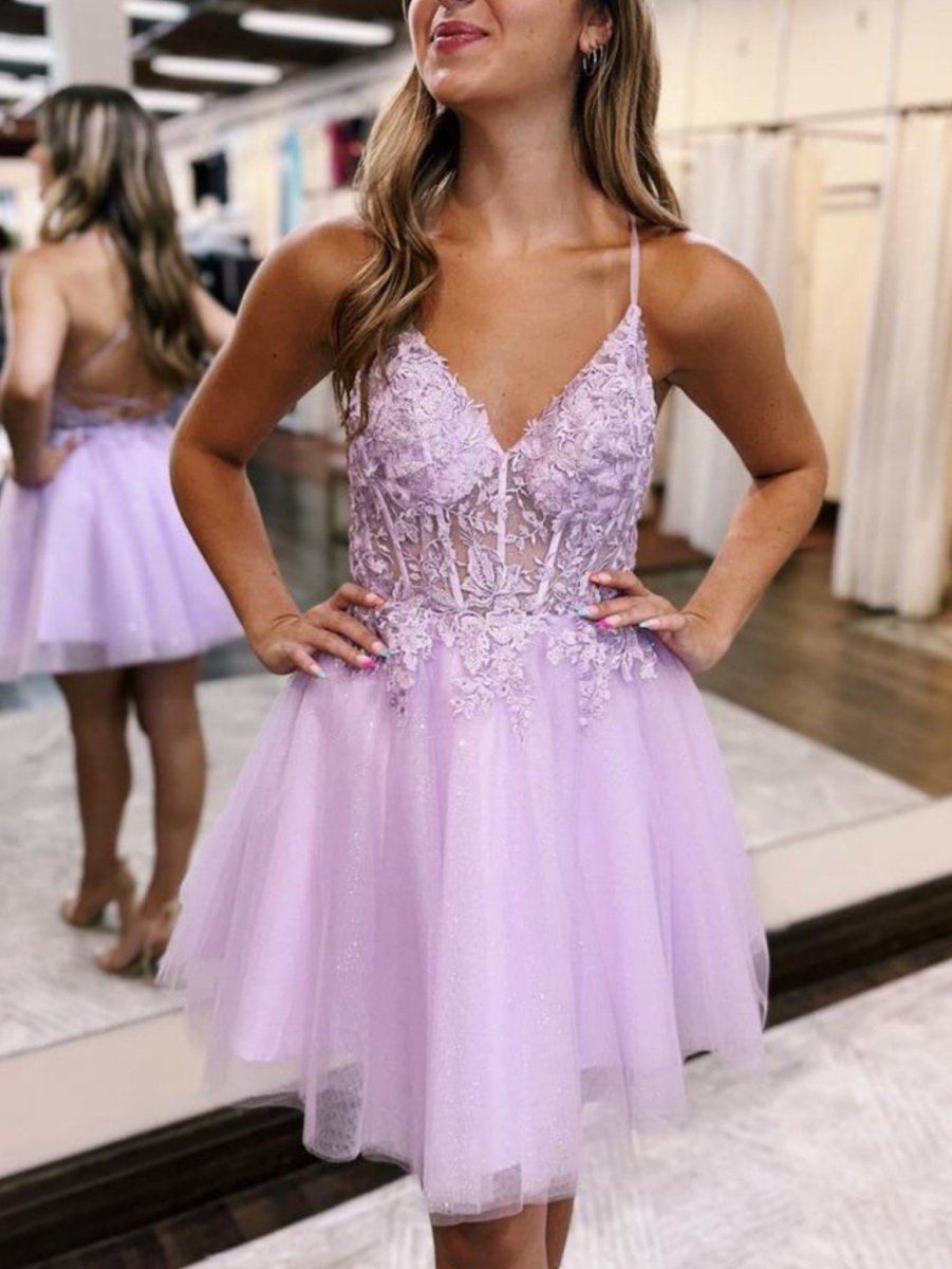 Althea |A - Line Backless Tulle Appliqued Homecoming Dress - KissProm