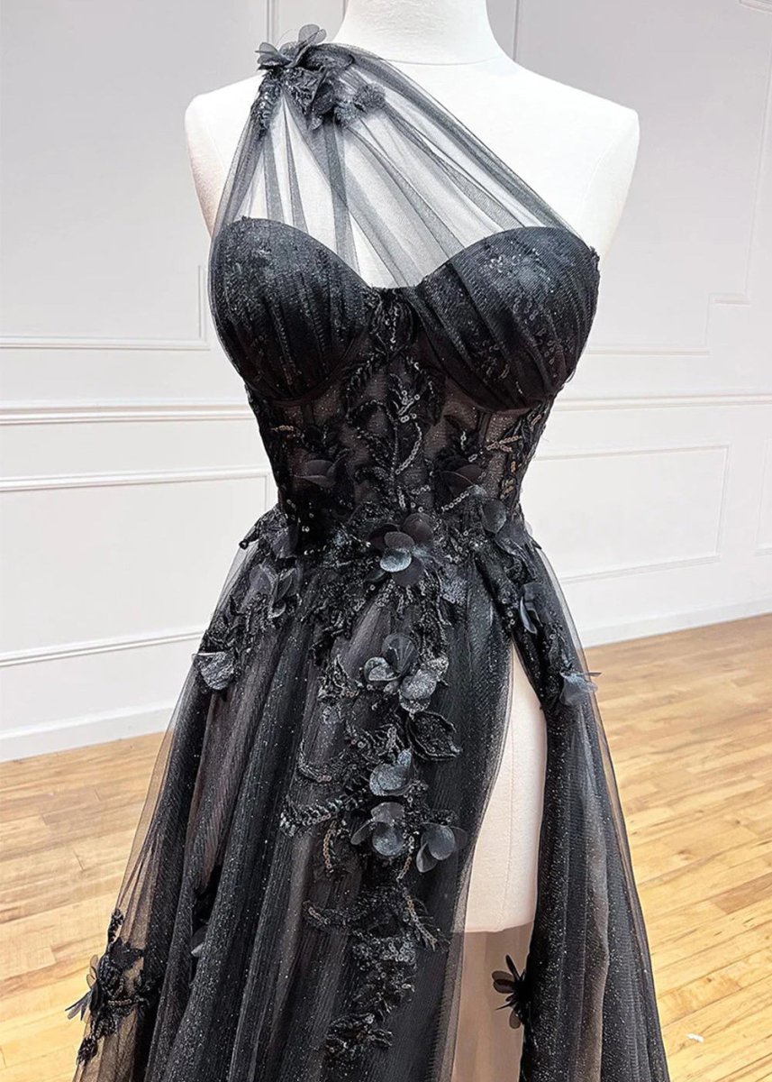 A Line One Shoulder Black Long Prom Dress with Appliques - KissProm