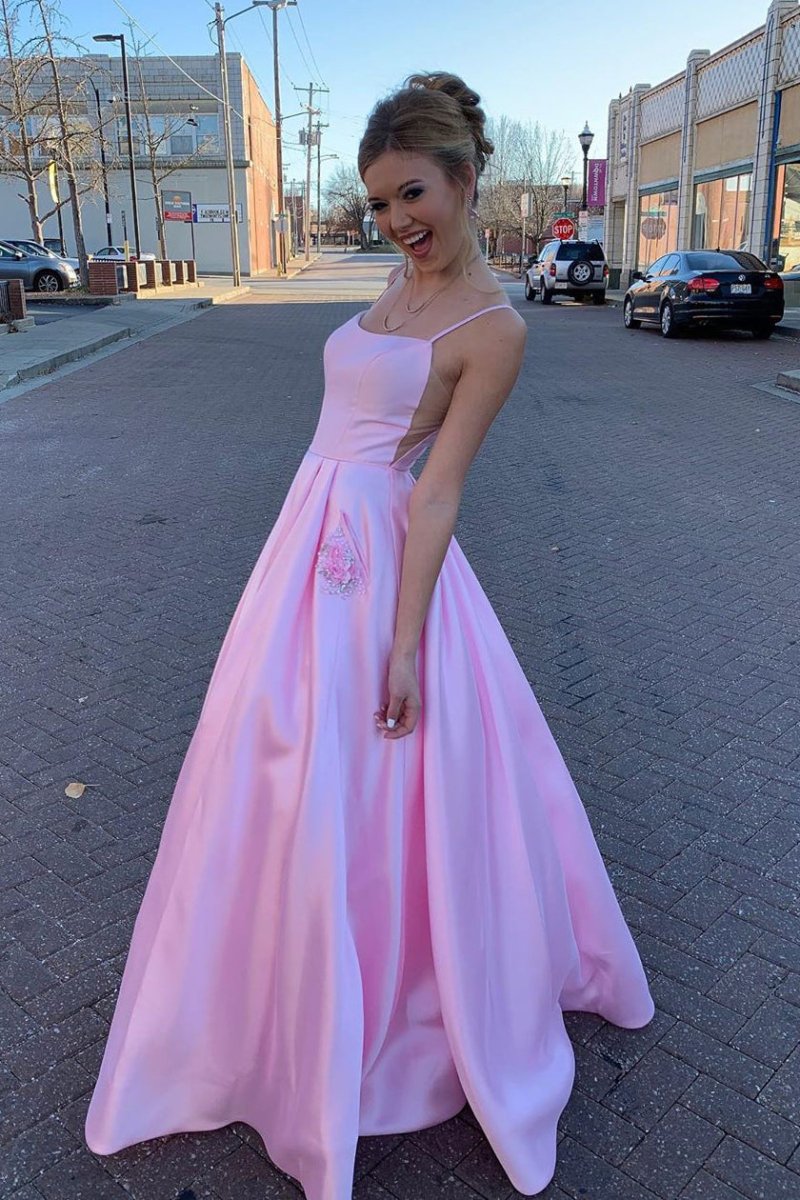 Elegant Straps A - Line Pink Long Prom Dress with Beaded Pockets - KissProm