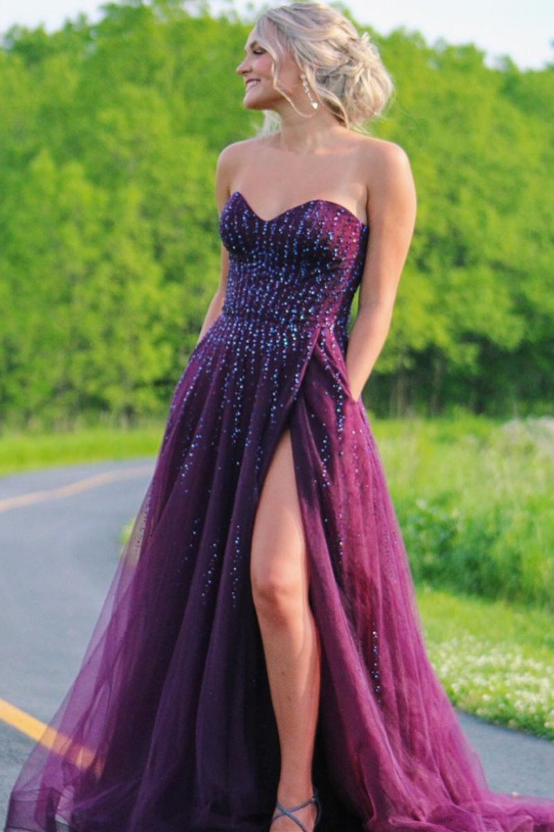 Alyssa |Sweetheart A - line Plum Tulle Prom Dress with Slit - KissProm