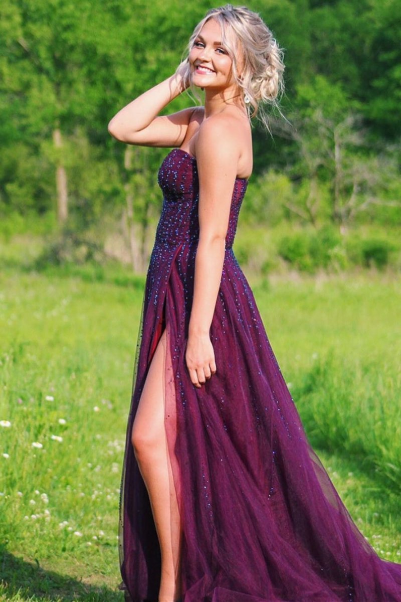 Alyssa |Sweetheart A - line Plum Tulle Prom Dress with Slit - KissProm