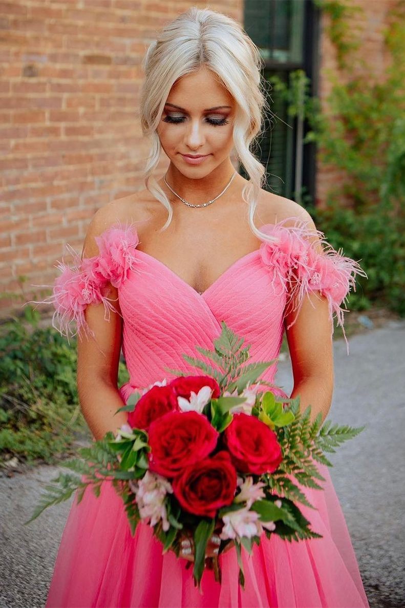 Pink off the outlet shoulder prom dress