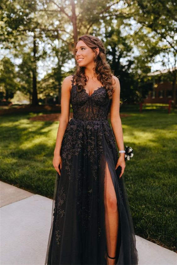 Black Lace Top Prom Dresses