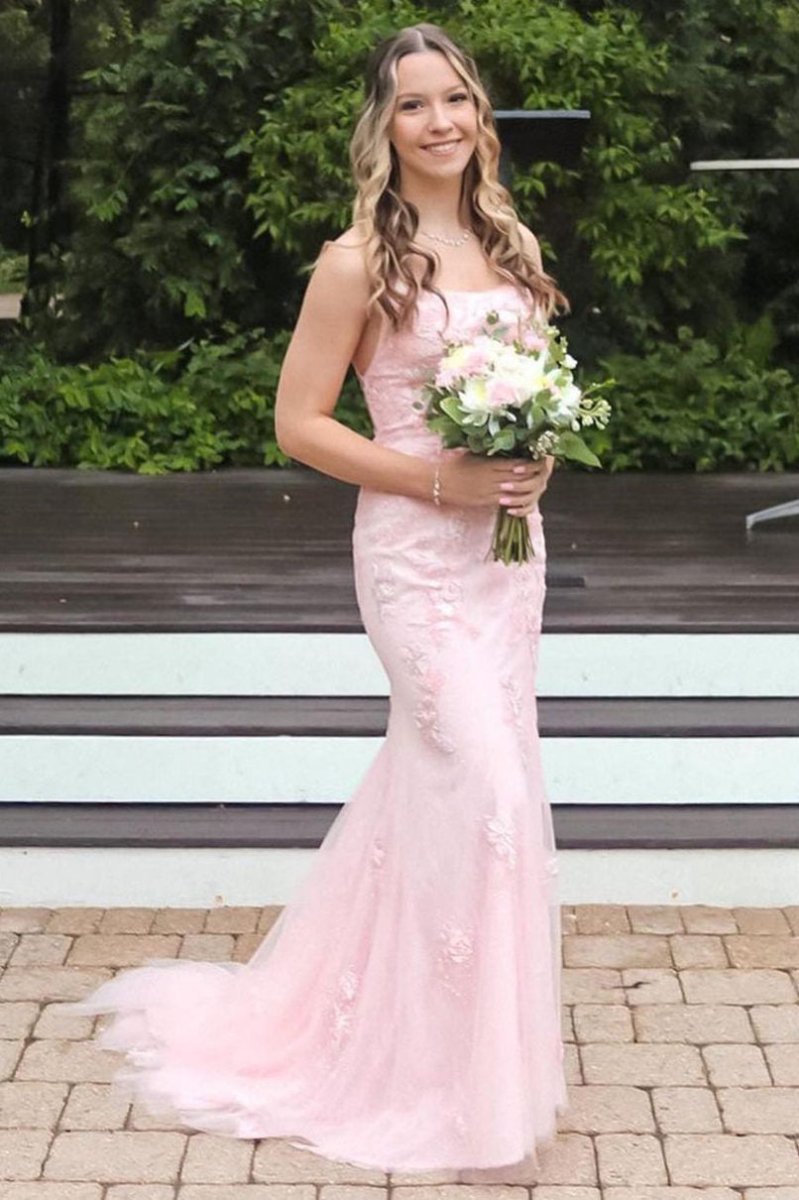 Pink Straps Mermaid Long Prom Dress with Appliques - KissProm