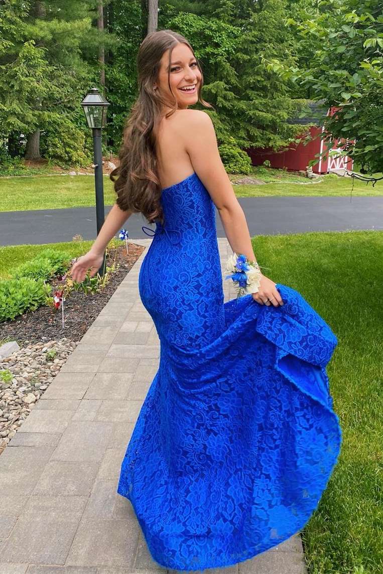 Strapless Royal Blue Lace Prom Dress with Slit | KissProm