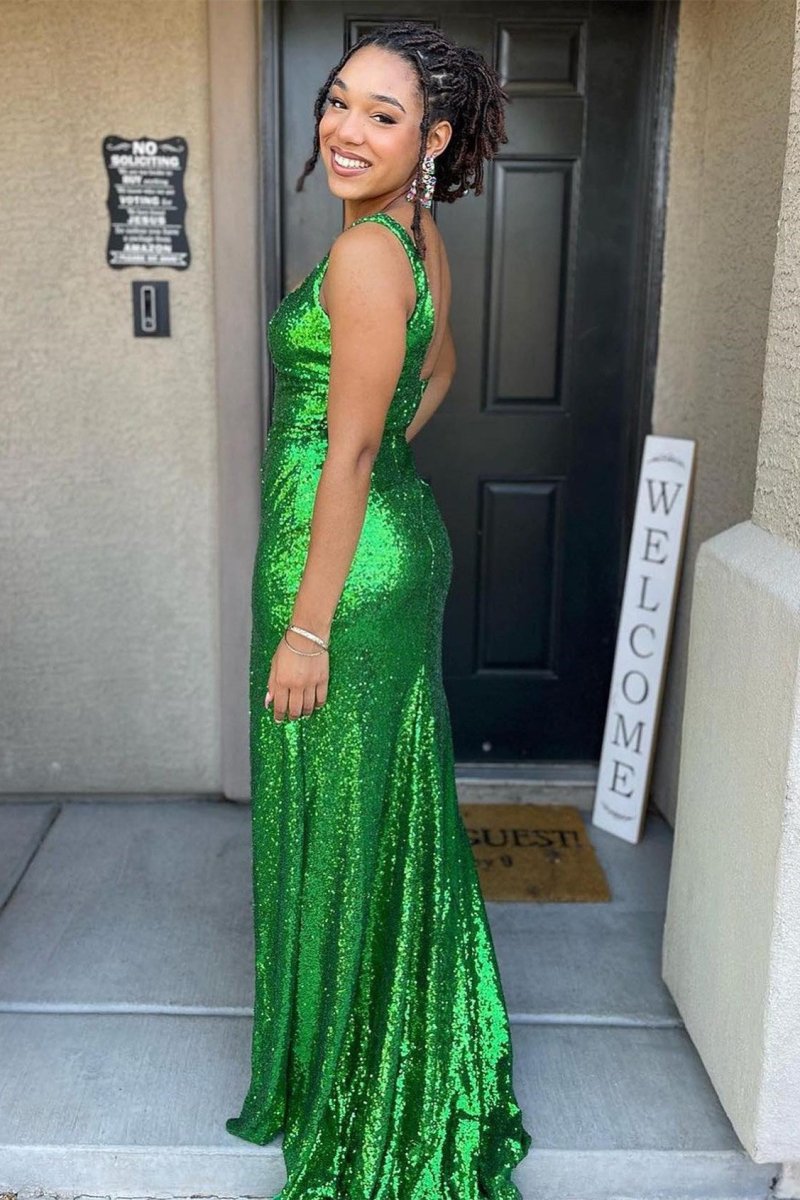 Logan |Mermaid Square Neck Sequins Long Prom Dress with Slit - KissProm