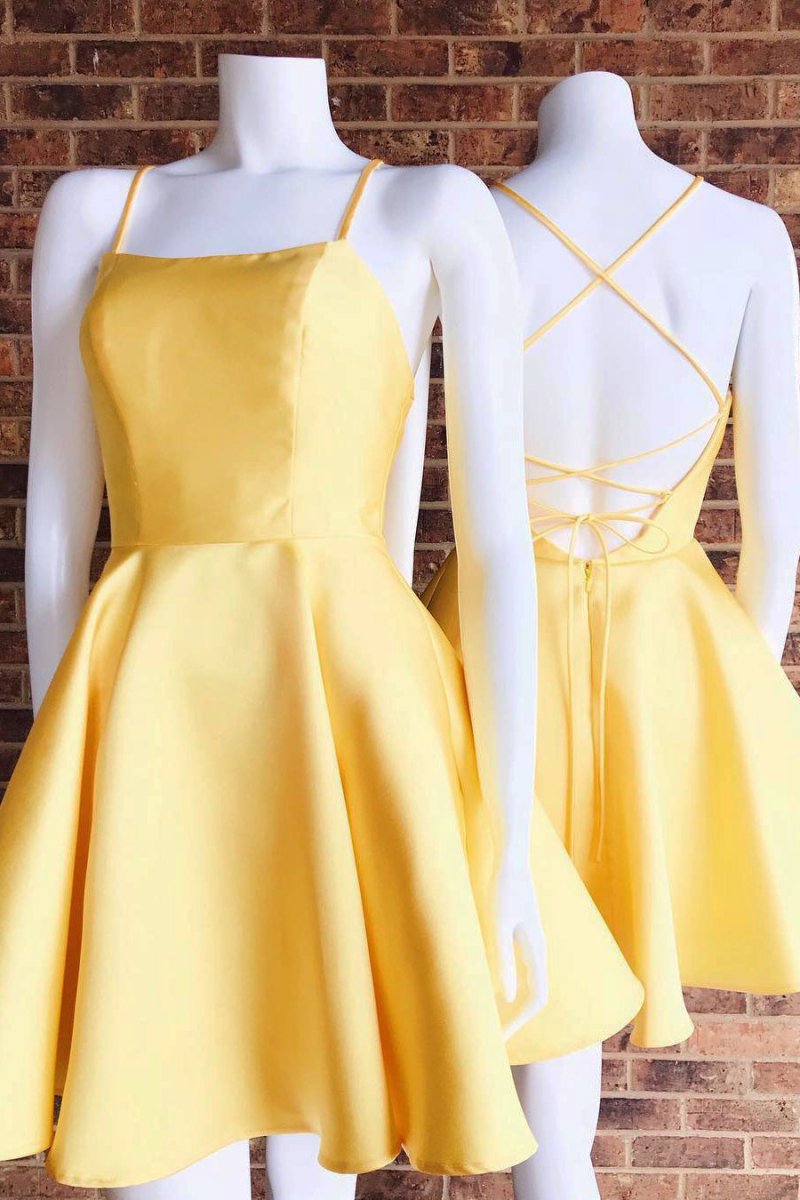 Spaghetti Straps Criss Cross Daffodil Homecoming Dress - KissProm