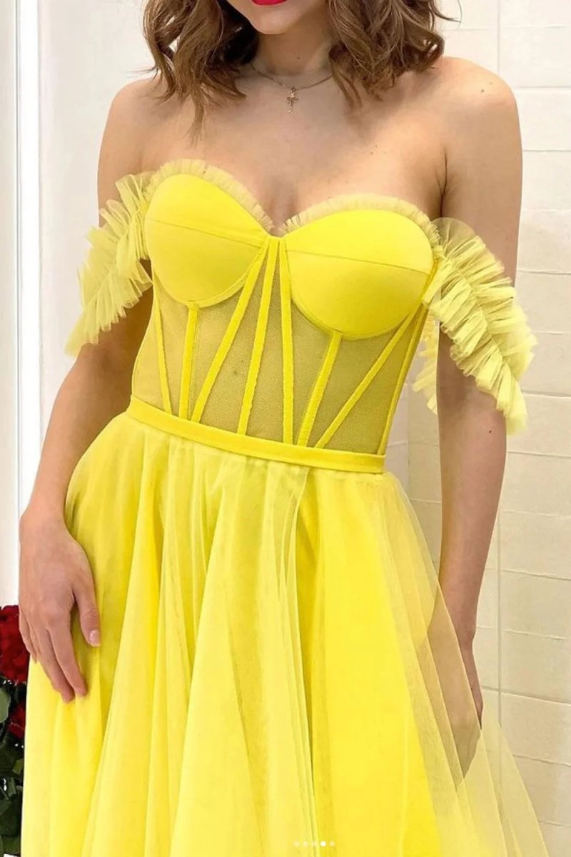 Lexie | A Line Off the Shoulder Yellow Corset Prom Dress - KissProm