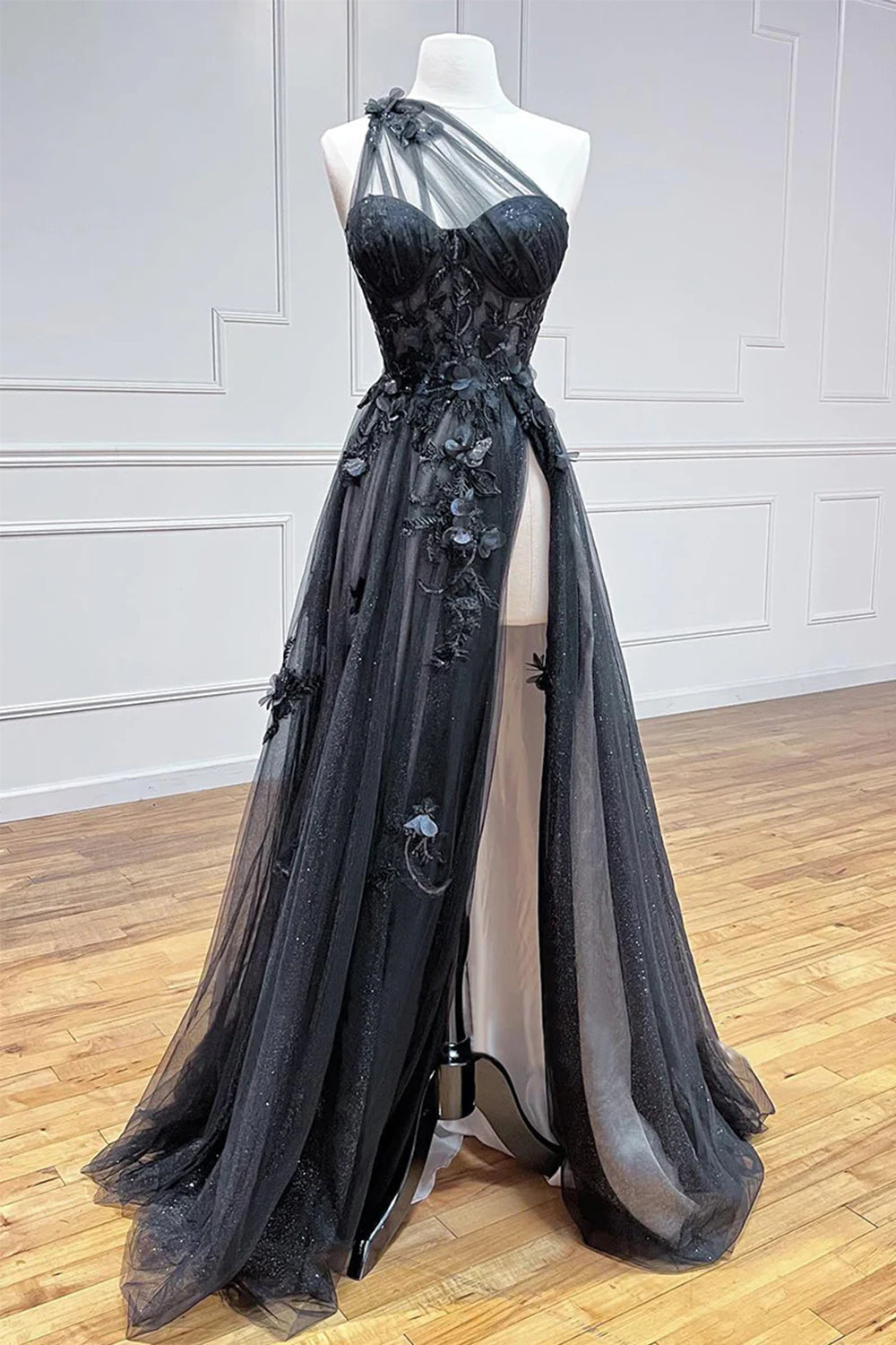 Black A-line Split Prom Dress With Lace Appliques, MP819