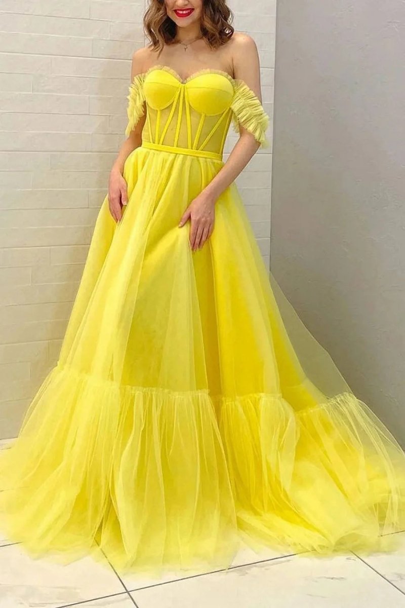 Lexie | A Line Off the Shoulder Yellow Corset Prom Dress - KissProm