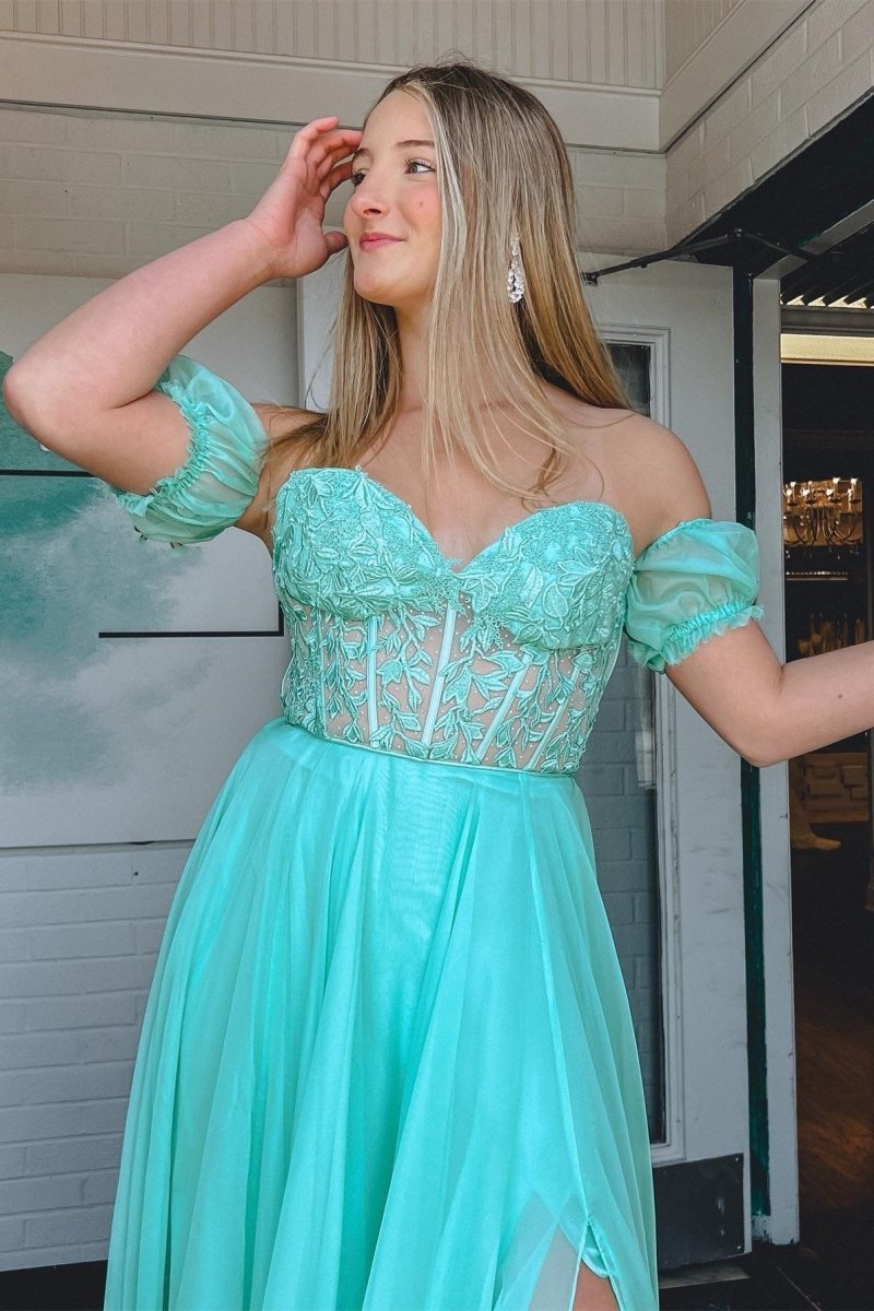 Rachel |A line Sweetheart Chiffon Prom Dress with Puff Sleeves - KissProm