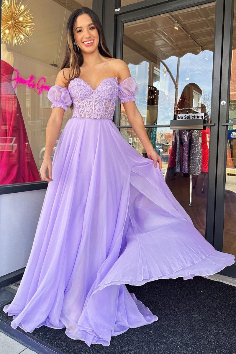 Rachel |A line Sweetheart Chiffon Prom Dress with Puff Sleeves - KissProm