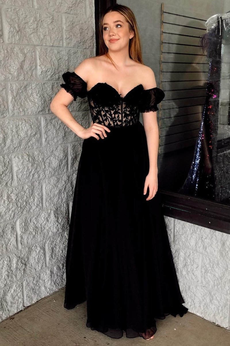 Rachel |A line Sweetheart Chiffon Prom Dress with Puff Sleeves - KissProm