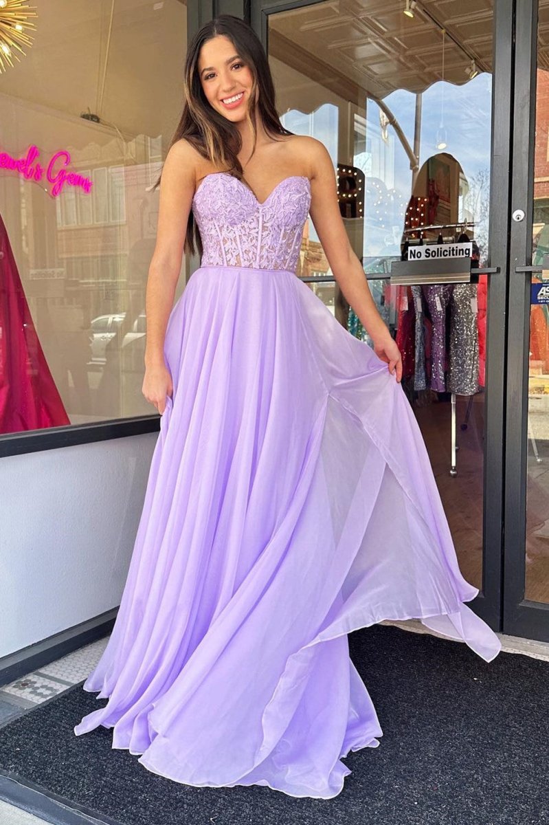 Rachel |A line Sweetheart Chiffon Prom Dress with Puff Sleeves - KissProm